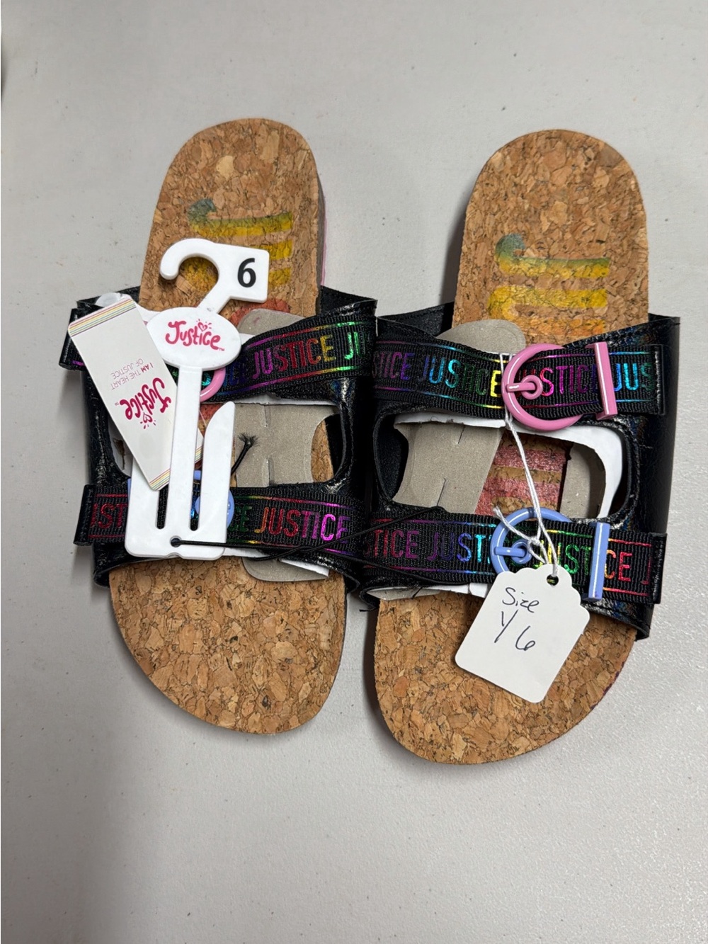 Justice Black Cork Slide Sandals with Rainbow Logo Accents - Size 6